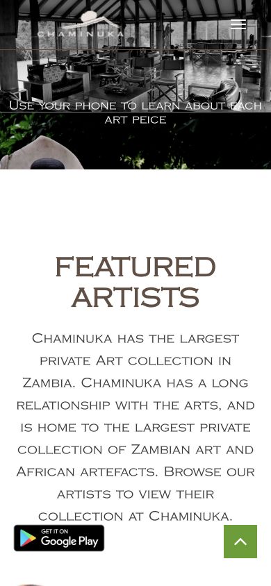 Art at Chaminuka website on a mobile screen